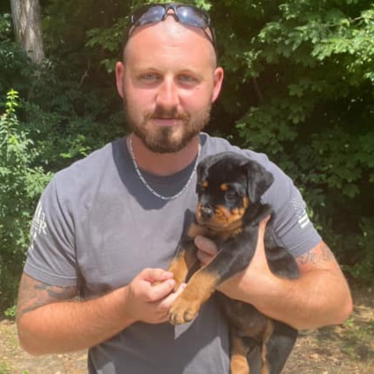 A man holding a small black and tan puppy outdoors with trees in the background