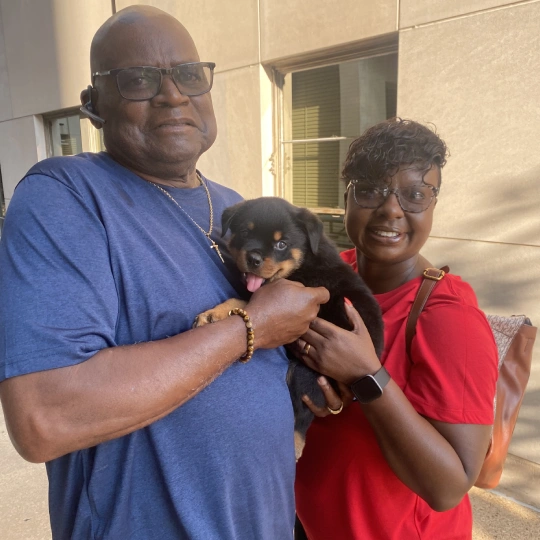 A couple standing outdoors, holding a black puppy