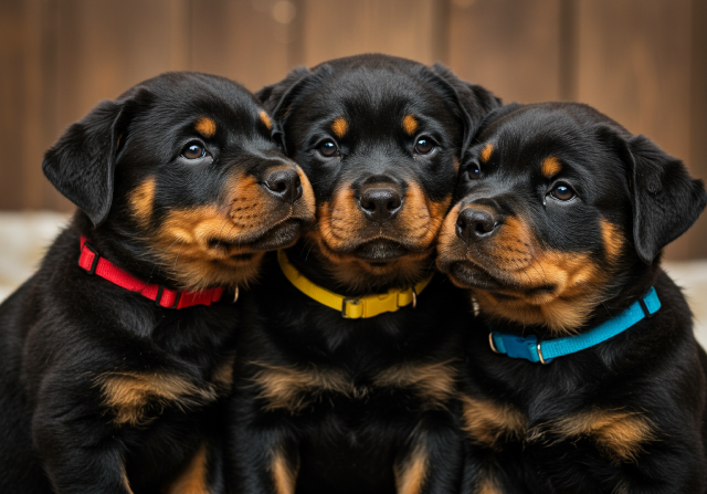 Three Rottweiler puppies with colorful collars sit close together